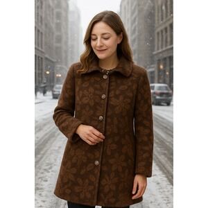 Vtg Escalier Brown Floral Coat Sz‎ L Rhinestone Animal Print Lining Luxury